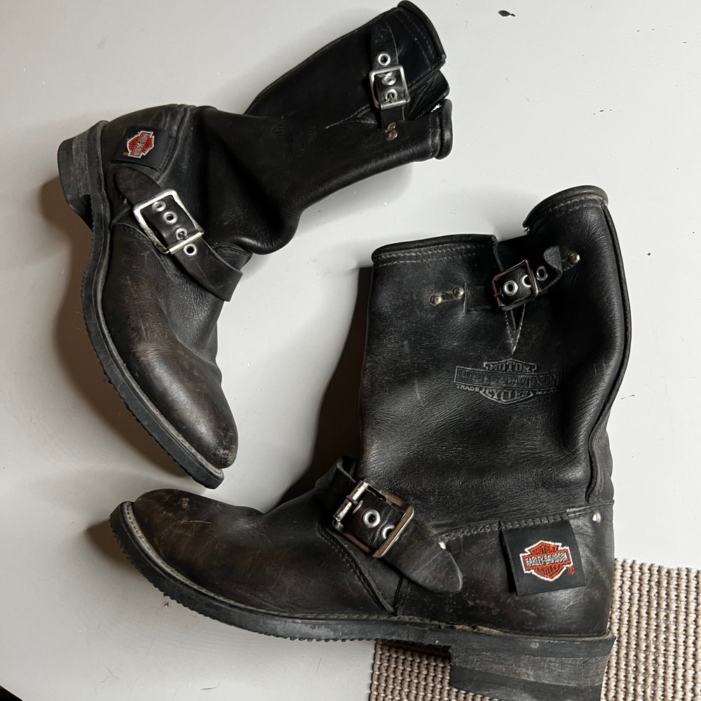 Harley Davidson Mens Black Leather Engineer Biker Boots Harness Buckle Size 8